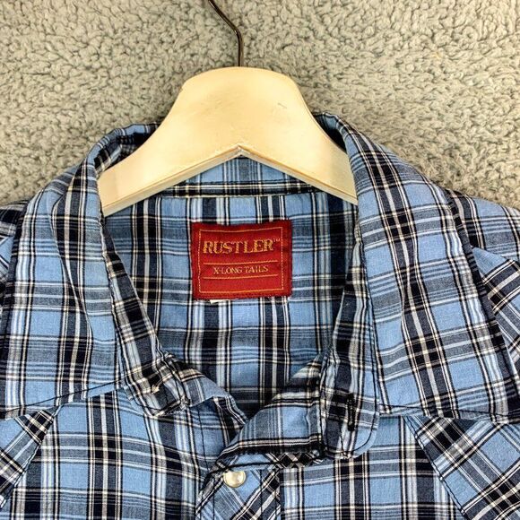 Rustler Western Shirt Mens Large X Long Tails Blue Plaid Pearl Snap Cowboy Ranch - Picture 2 of 11